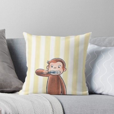 Cute Curious George Brushing His Teeth Throw Pillow